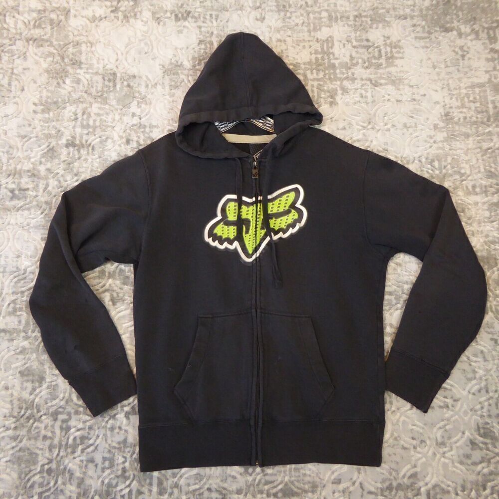 Fox Racing Hoodie Men's Medium Black Thrashed Grunge Full Zip Distressed